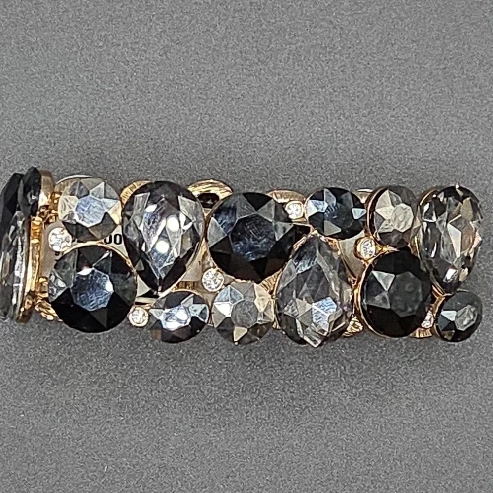 Chunky Crystal Stretch Bracelet Gold Tone Black Smoky Grey Statement New